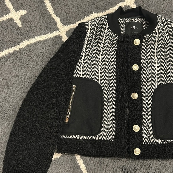 7 For All Mankind Black and White Mixed Media Sherpa Jacket - Picture 3 of 6